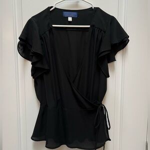 Black wrap top, size L, with tie functionality and cute double layered sleeves